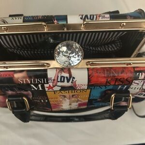 Large Trendy Fashion Magazine Print shoulder bag with Crystal Accent
